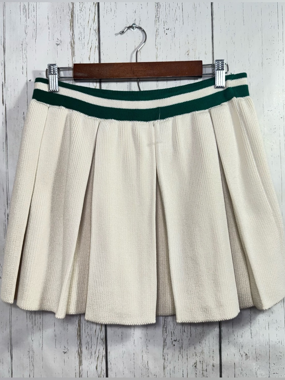 Zara Cream Knit Pleated Mini Skirt Green Stripe Preppy Tennis Quiet Luxury